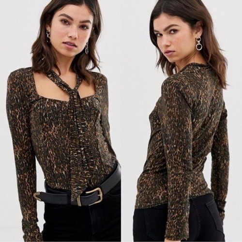 Free People Wild Thing Leopard Print Top M Medium Animal Tie Neck Long Sleeve - Picture 2 of 8