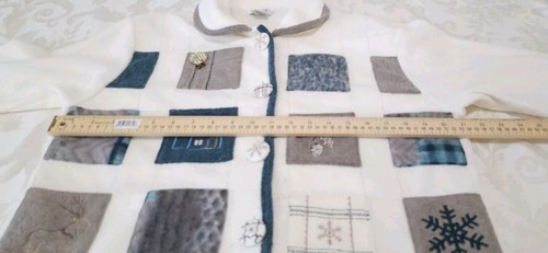 VINTAGE Womens Teddi Fleece Button Jacket Small Ivory Green Patchwork Embroidery - Picture 13 of 14