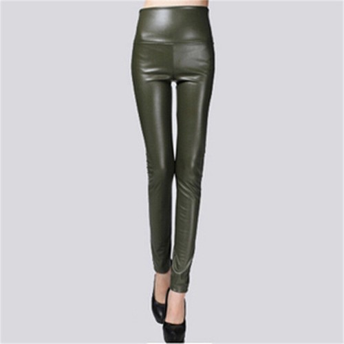 PU Leather Elastic Leggings Outer Wear Solid Color High Waist Tight Plus Thick - Picture 24 of 34