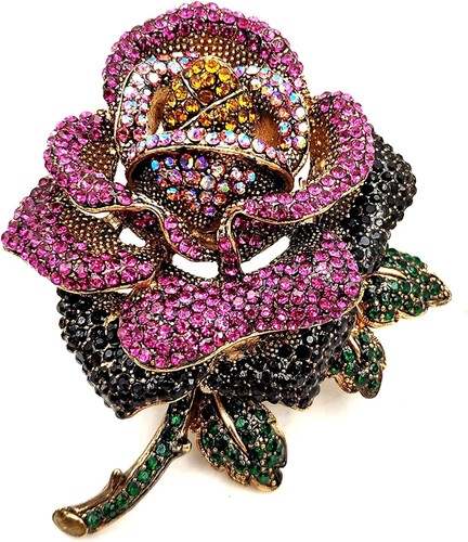 Luxurious Vintage Accent Multi Petal Blossom Pink Crystal Rose Flower Broach - Picture 2 of 6