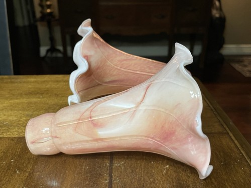 6.25 x4.5 x1.3/8 Pair of Pink Over White Cased Glass Lily Lamp Shades - Picture 6 of 9
