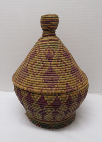 Old Berber Morocco African Tribal Folk Art Hand Woven Bread Storage Basket & Lid