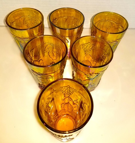 Vtg Marigold Carnival Indiana Glass Harvest Grape Compote Jar with 6 Glasses - Picture 5 of 6