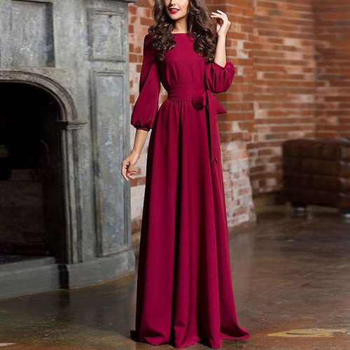 Women Elegance Evening Dress Lantern Sleeve Solid Color Long Party Belt Wedding - Picture 12 of 17