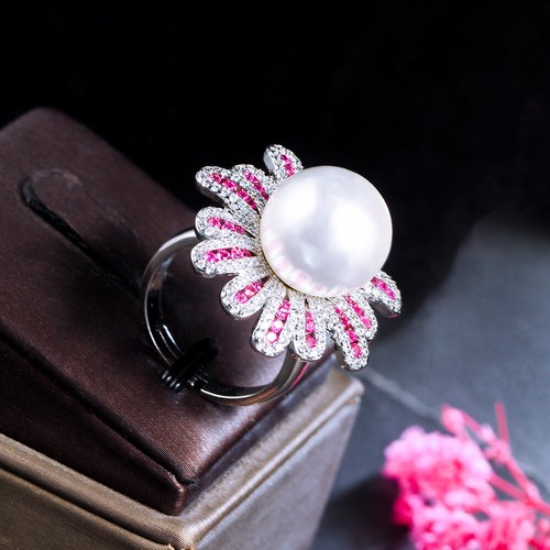 Silver Plated Rose Red Flower Pearl Engagement Ring Women Zircon Adjustable Gift - Bild 9 von 11