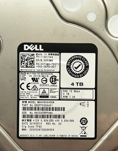 4TB Dell 0F9W8 SAS 7.2K 3.5 HDD MG04SCA40EN HDEPF02DAA51 Hard Drive - Afbeelding 3 van 4