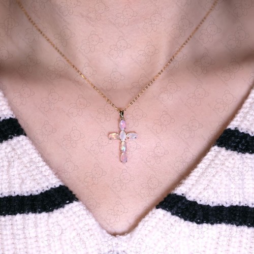 Cross Pendant Australian Solid Opal Necklace 14K Yellow Gold Pendant - Picture 2 of 5
