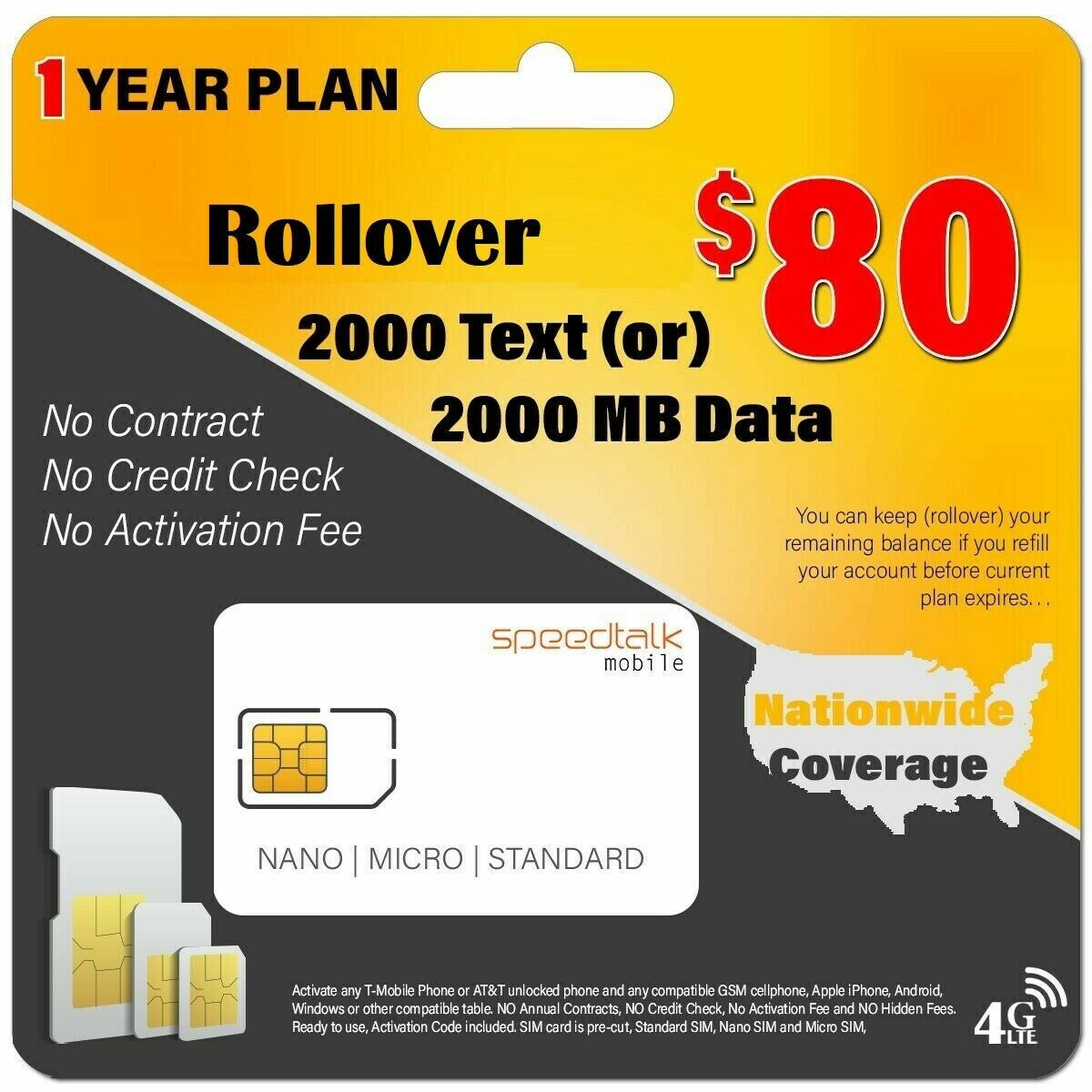SpeedTalk 5G 4G GSM SIM Card Rollover Text Data Canada Mexic