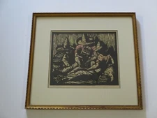 ANTIQUE PRESCOTT CHAPLIN WOODCUT WOODBLOCK OLD MEXICAN MEXICO SIGNED ART DECO 