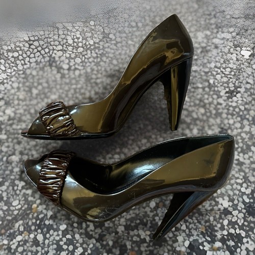 Authentic Burberry Shoes Grey Brown Patent Leather Peep Toe Sz 38.5 US 8 Box COA - Picture 5 of 20