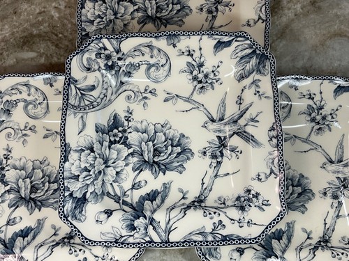 Adelaide Blue Square Salad Plates 8.5 in Flower And Bird Design Set Of 4 New - Picture 1 of 17
