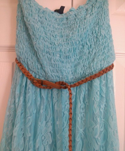 NWT Light Blue Strapless Smocked Hi Low Hem Lace Dress with Braided Belt XS - Picture 2 of 3