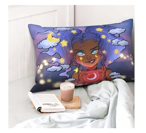 Galaxy Black Art Girl Holding The Moon African Pillowcase 20X30inch Hidden Zip - Picture 5 of 5