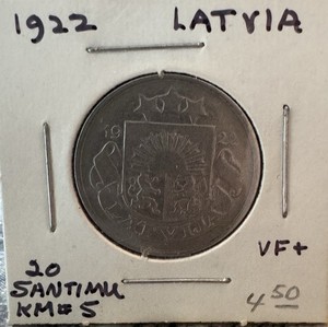 1922 Latvia 20 Santimi KM# 5 Low Mintage VF+
