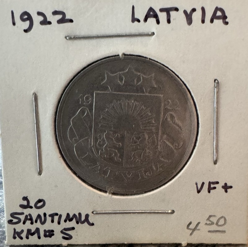 1922 Latvia 20 Santimi KM# 5 Low Mintage VF+