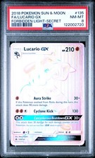2018 POKEMON SUN & MOON FORBIDDEN LIGHT SECRET #135 FULL ART/LUCARIO GX PSA 8
