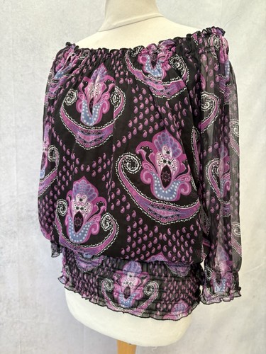 Evie Black Purple Floral Chiffon Top Size 14 3/4 Sleeve Polyester Women’s - Picture 10 of 13