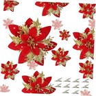 10pcs Red Poinsettia Flowers Artificial with Clips Christmas Flowers Red Gold