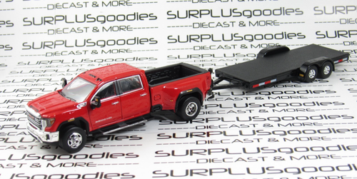 Greenlight Red 2022 GMC SIERRA 3500 3500HD SLT Dually Pickup w/Open Car Trailer - Picture 1 of 10