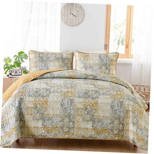  Yellow Boho Quilt Set Size 3 Pieces Grey and Yellow Plaid King Yellow Grey - Picture 1 of 8