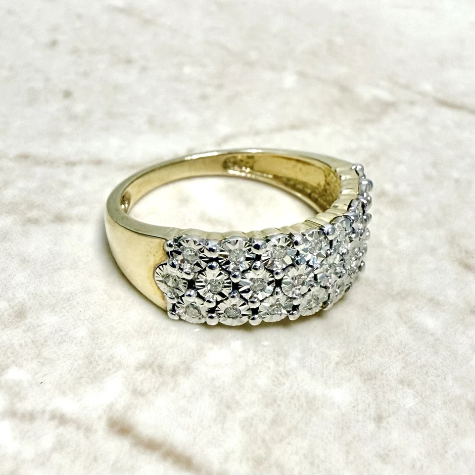Anillo vintage de oro de 14K con banda de diamantes de 3 filas - Anillo de diamantes de oro macizo de dos tonos de 14K Foto 4 de 4