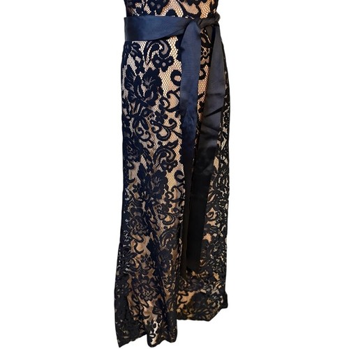 Betsy & Adam dunkelblau Spitze und Taupe Abendkleid Größe 6 - Bild 2 von 8