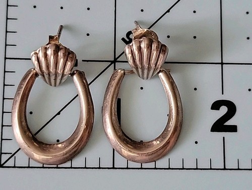 Vintage Sterling Silver Shell Hoop Door Knocker Post Earrings - Picture 7 of 7
