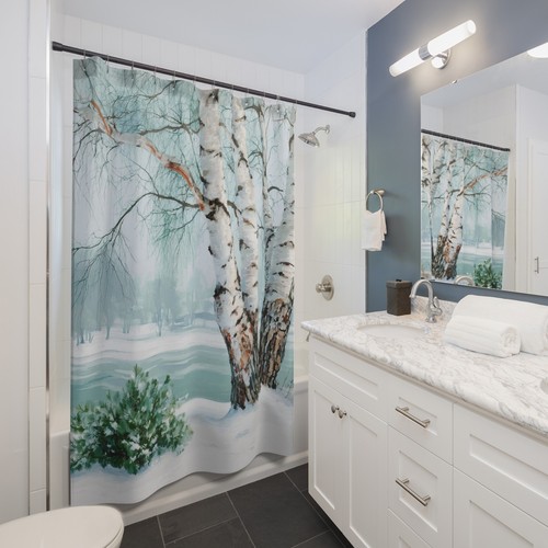 Weißer Aspen Duschvorhang, Cabincore Baddekor, Winter Wald Wald Bad - Bild 7 von 12