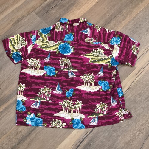 Vintage rosa scuro spiaggia scena hawaiano bottone su giù camicia hawaiana L - Foto 7 di 8