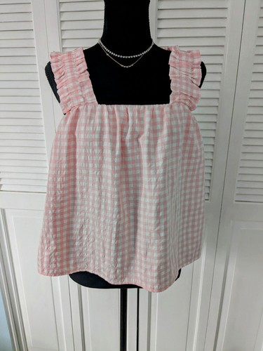 AQUA Ruched Sleeveless Top Women's M Pink White Check Ruffle Shoulder Whimsical