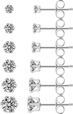 6 Pairs Stainless Steel CZ Stud Earrings 3-8mm Silver