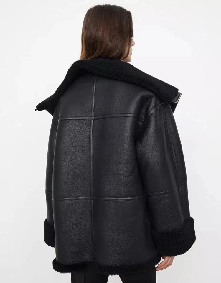 Women Black Faux Shearling Bomber Jacket Real Sheepskin Leather RAF Aviator Coat - Image 2 of 4