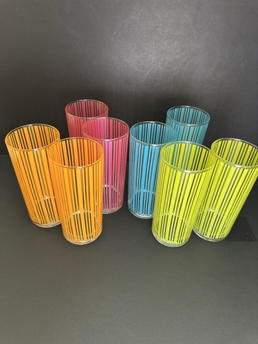 8 Vtg MCM High Ball Tumbler Glasses 16oz Colorful Vertical Stripe 6.5” - Picture 2 of 16