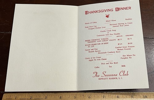 1966 THANKSGIVING Dinner Menu, The Seawane Club, Hewlett Harbor L.I. - Picture 3 of 6