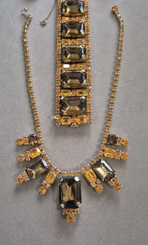 Vintage chunky amber citrine rhinestone bracelet necklace and earrings set READ - Picture 3 of 8