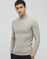 River Island Mens Jumper Beige Muscle Fit Textured Crew Sweater Pullover Top