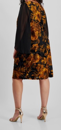 Abito donna Connected nero manica trasparente stampato velluto taglie forti 24W - Foto 2 di 2