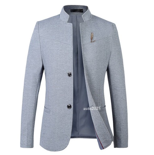 Men's Casual Two Buttons Slim Fit Chinese Style Jacket Blazers Coat Stand Collar - Picture 3 of 27