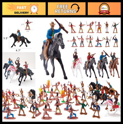 Wild West Playset - 48 Pcs Cowboys & Indians Figures, Horses, Trees for School P