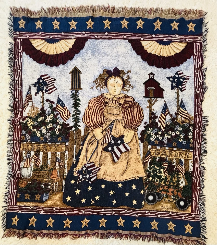 Deb Strain Primitive Americana tapestry flags stars Stripe garden 61x49” Fringe - Image 4 of 4