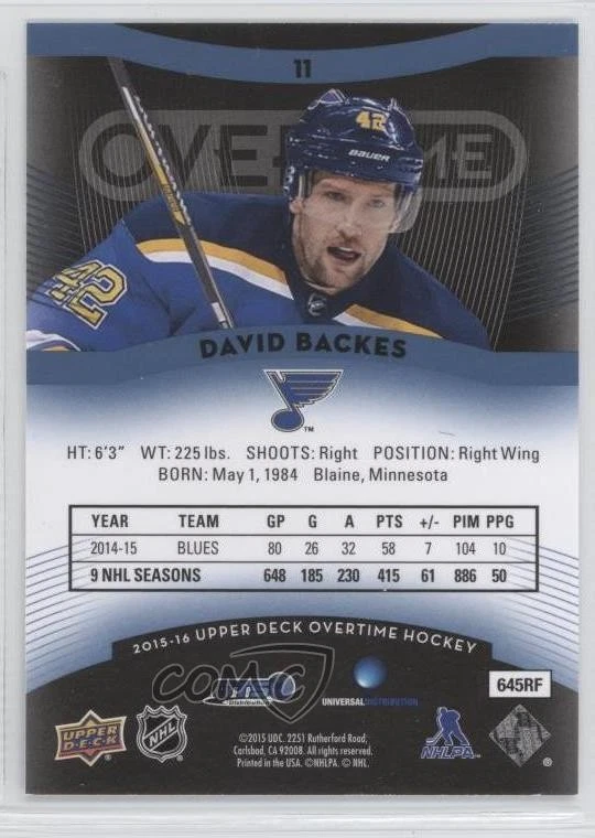 2015-16 Upper Deck GTS Overtime Blue Foil David Backes #11 - Image 2 of 2