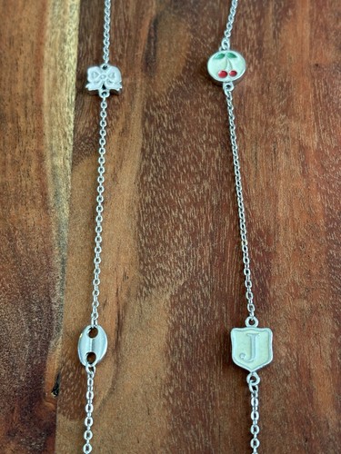 VTG JUICY COUTURE ENAMEL CROWN HEART CHERRY BOW BIRD SILVER TONE LONG NECKLACE - Picture 4 of 6