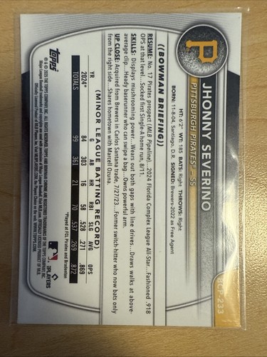 Jhonny Severino 1st Mojo Refractor 2025 Bowman Chrome Card #BCP-233 Pirates - Picture 3 of 4