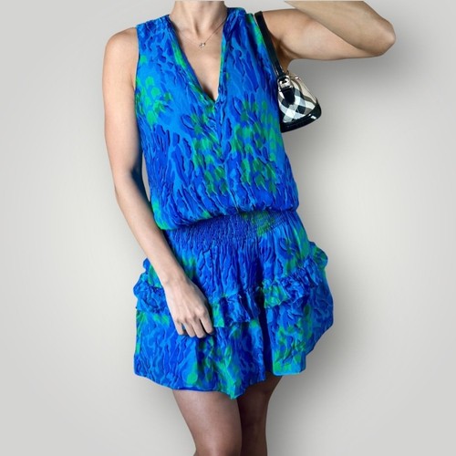 Ramy Brook Rüschen Minikleid blau/grün tropisch gesmokte Taille V-Ausschnitt Small - Bild 1 von 8