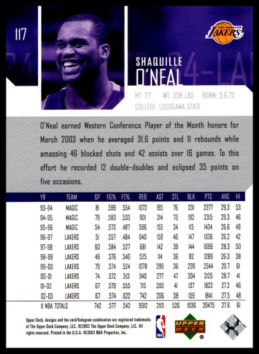 Tarjeta base de la NBA Upper Deck Shaquille Oneal Los Angeles Lakers #117 2003 - Imagen 2 de 2