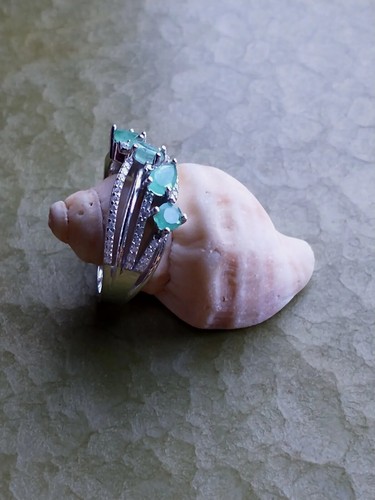 Women's Ring-Sz.7.75-Natural Unheated Zambia Emeralds & cz's-Stamped 925 Silver - Picture 9 of 12