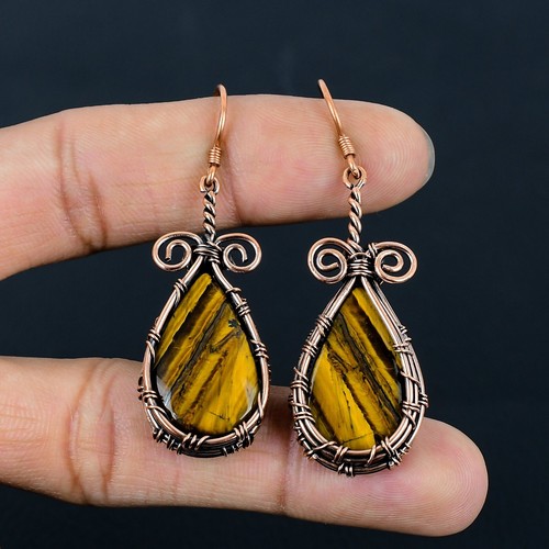 Tiger Eye Gemstone Drop Dangle Copper Wire Earrings Jewelry Women Gift LC-270 - Picture 2 of 4