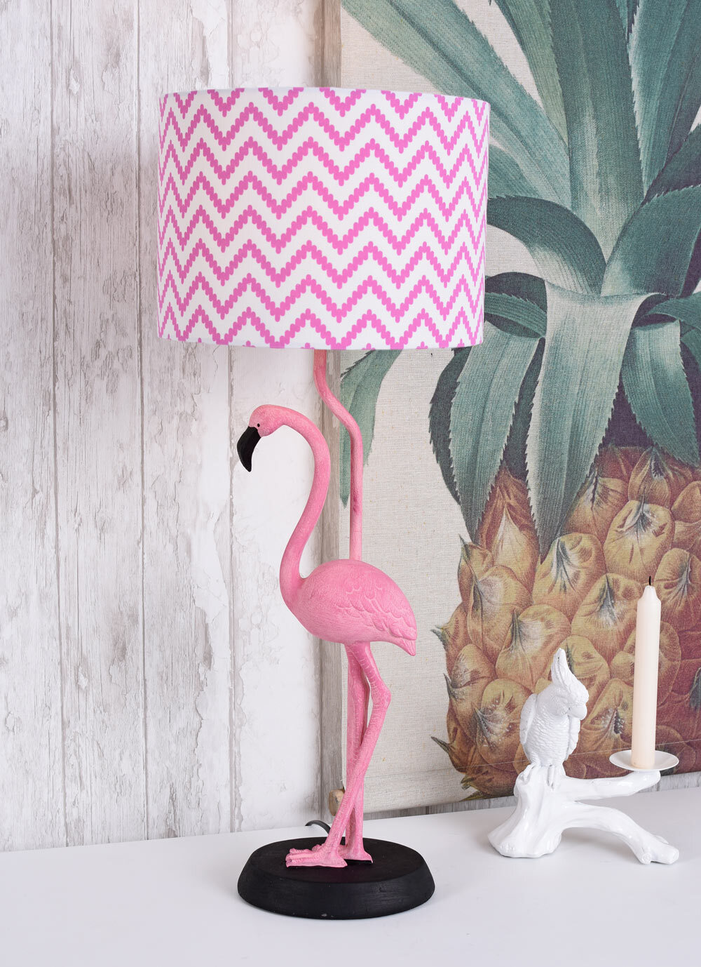Tischlampe Skulptur Flamingo Figur groß rosa Vogel Stoffschirm