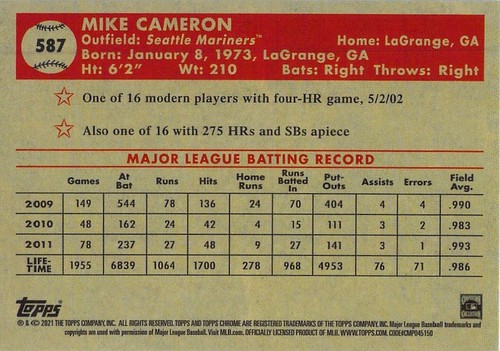 Mike Cameron 2021 Topps Chrome Platinum Anniversary Edition Baseball Card #587 - Picture 2 of 2