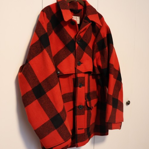 Vintage CC Filson Hunting Jacket Mens 44 Red Black Plaid Game Map Snap Pocket - Picture 2 of 12